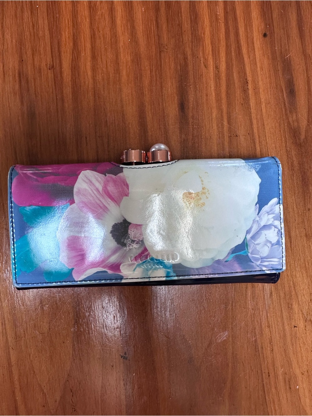 Ted Baker Gorgeous Patent Leather Floral Clutch Wallet in Blue and Pink